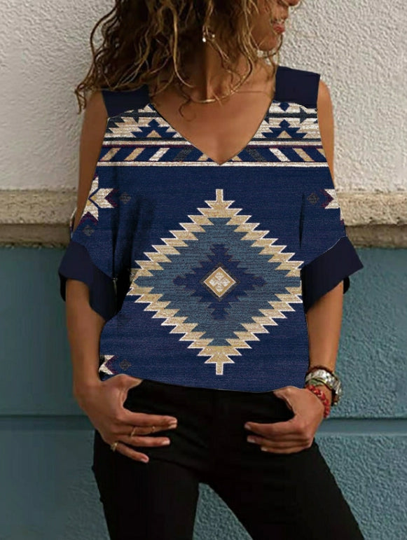 Oversized Off-the-shoulder Mid-sleeve Vintage-print T-shirt Aosig