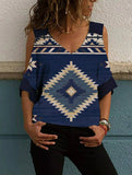 Oversized Off-the-shoulder Mid-sleeve Vintage-print T-shirt Aosig