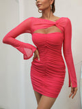 Pleated High Waist Rose Red Hip Wrap Dress Aosig