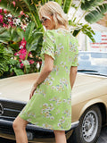 Pleated short-sleeved elegant hedging green print dress Aosig