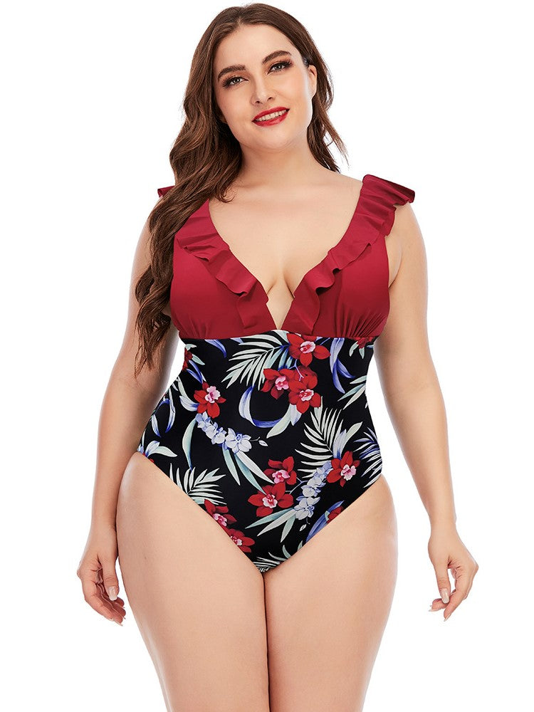 Plus Bodysuit Printed Colorblock Ruffle Swimsuit Aosig