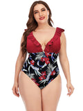Plus Bodysuit Printed Colorblock Ruffle Swimsuit Aosig