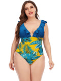 Plus Bodysuit Printed Colorblock Ruffle Swimsuit Aosig
