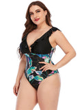 Plus Bodysuit Printed Colorblock Ruffle Swimsuit Aosig