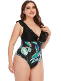 Plus Bodysuit Printed Colorblock Ruffle Swimsuit