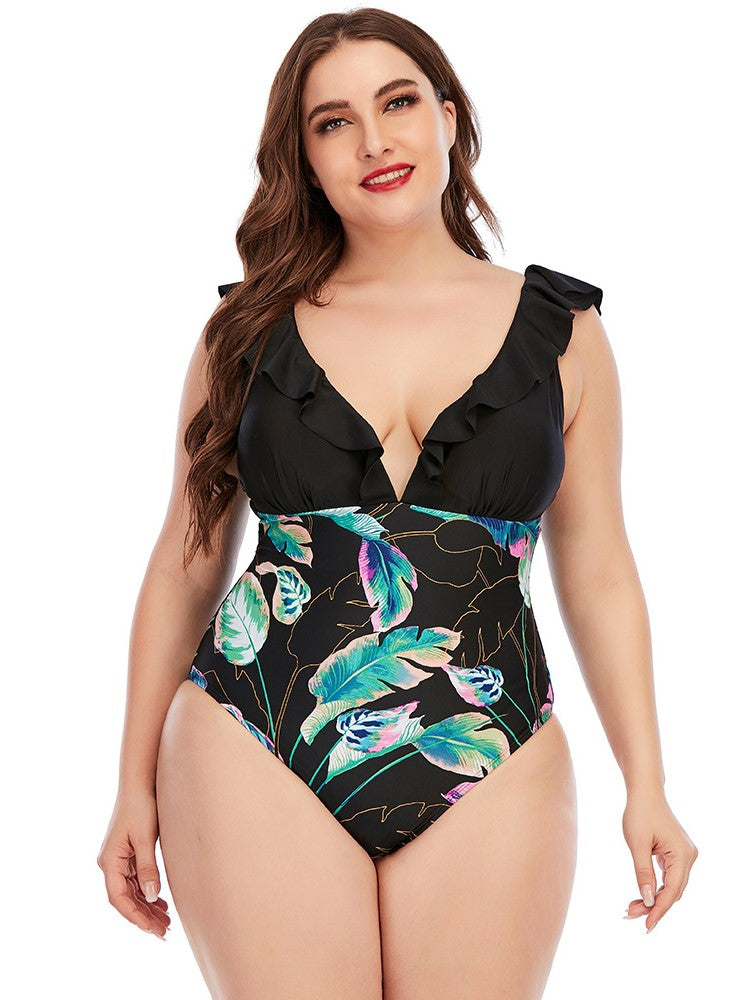 Plus Bodysuit Printed Colorblock Ruffle Swimsuit Aosig