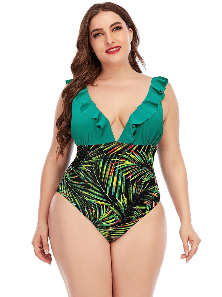 Plus Bodysuit Printed Colorblock Ruffle Swimsuit Aosig