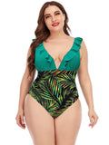 Plus Bodysuit Printed Colorblock Ruffle Swimsuit Aosig