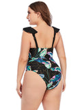 Plus Bodysuit Printed Colorblock Ruffle Swimsuit Aosig