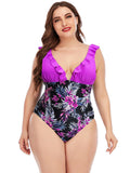 Plus Bodysuit Printed Colorblock Ruffle Swimsuit Aosig