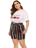 Plus Contrast Stripe Tie Bow Loose Shorts Casual Pants Aosig