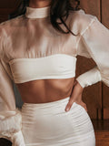 Princess sleeve see-through cropped long-sleeved slim top Aosig