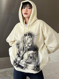 Printed Casual Loose Hooded Long Sleeves Pullover Sweater Aosig