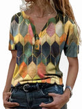 Printed Contrast V-Neck Pullover Short Sleeve T-Shirt Loose Bottoming Shirt Aosig