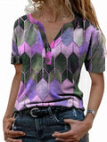 Printed Contrast V-Neck Pullover Short Sleeve T-Shirt Loose Bottoming Shirt Aosig