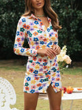 Printed Long Sleeve V-neck Dress Aosig