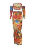 Printed Strapless Top Slim Split Skirt Set Aosig