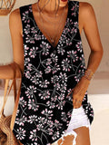 Printed V-Neck Twist Button Sleeveless Tank Top T-Shirt Aosig