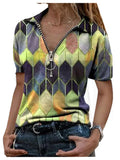 Printed Zip T-Shirt Lapel Short Sleeve T-Shirt