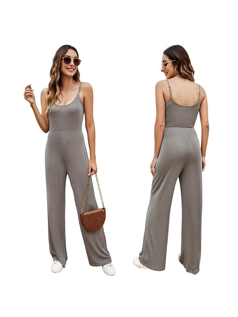 Pure color loose one-piece jumpsuit open back simple casual trousers Aosig