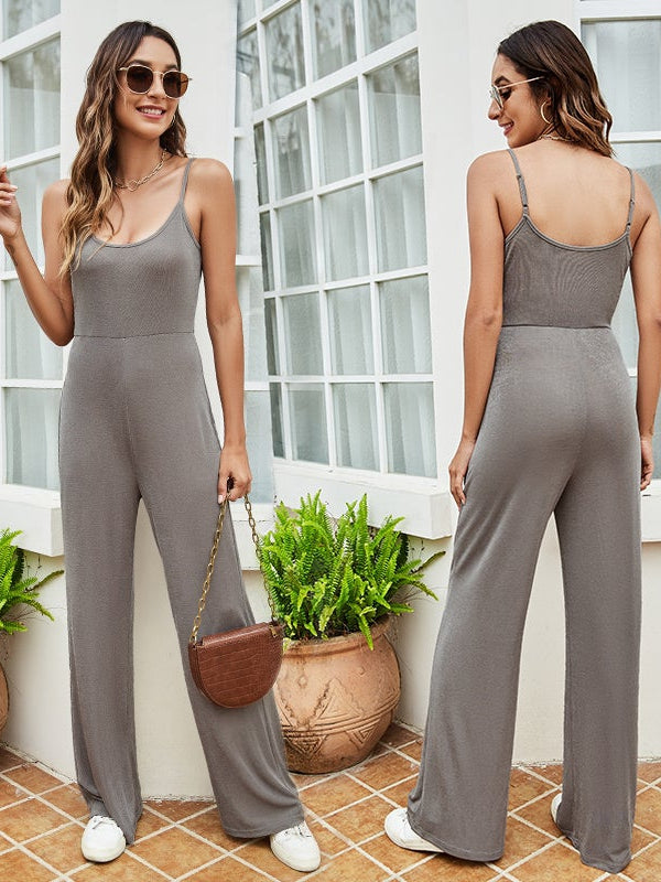 Pure color loose one-piece jumpsuit open back simple casual trousers Aosig