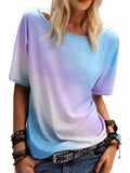 Rainbow Gradient Print Casual Top Round Neck Short Sleeve Loose T Aosig