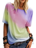 Rainbow Gradient Print Casual Top Round Neck Short Sleeve Loose T Aosig