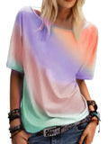 Rainbow Gradient Print Casual Top Round Neck Short Sleeve Loose T Aosig