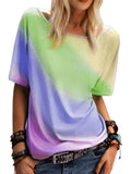 Rainbow Gradient Print Casual Top Round Neck Short Sleeve Loose T Aosig