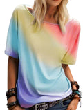 Rainbow Gradient Print Casual Top Round Neck Short Sleeve Loose T Aosig