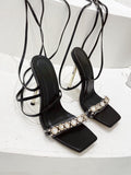 Rhinestone Roman Cross Strap Metal Stiletto Heel Sandals Aosig