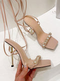 Rhinestone Roman Cross Strap Metal Stiletto Heel Sandals Aosig