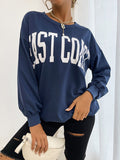 Round Neck Blue Letter Sweatshirt Aosig