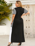 Round Neck Contrast Long Dress Striped Loose Short Sleeve Dress Aosig