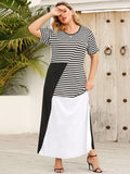 Round Neck Contrast Long Dress Striped Loose Short Sleeve Dress Aosig