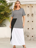 Round Neck Contrast Long Dress Striped Loose Short Sleeve Dress Aosig