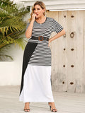 Round Neck Contrast Long Dress Striped Loose Short Sleeve Dress Aosig