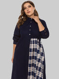 Round Neck Irregular Check Panel Loose Long Sleeve Dress Aosig