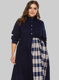 Round Neck Irregular Check Panel Loose Long Sleeve Dress Aosig