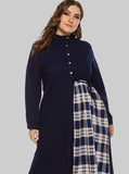 Round Neck Irregular Check Panel Loose Long Sleeve Dress Aosig