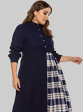 Round Neck Irregular Check Panel Loose Long Sleeve Dress Aosig