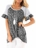 Round Neck Leopard Print Flared Sleeve Short Sleeve T-Shirt Aosig