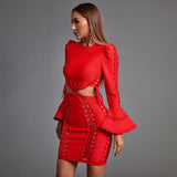 Round Neck Long Sleeve Cut Out Mini Bandage Dress Aosig