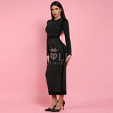 Round Neck Long Sleeve Rhinestone Over Knee Bandage Dress SP023 Aosig