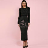 Round Neck Long Sleeve Rhinestone Over Knee Bandage Dress SP023 Aosig