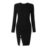 Round Neck Long Sleeve Striped Midi Bodycon Dress Aosig