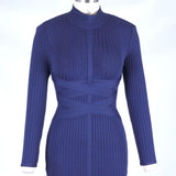 Round Neck Long Sleeve Striped Over Knee Bandage Dress PF1201 Aosig