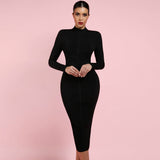 Round Neck Long Sleeve Striped Over Knee Bandage Dress PF1201 Aosig