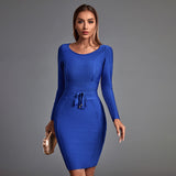 Round Neck Long Sleeve Tie Bandage Dress Aosig