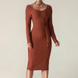 Round Neck Long Sleeve Tie Midi Bandage Dress PP21612 Aosig